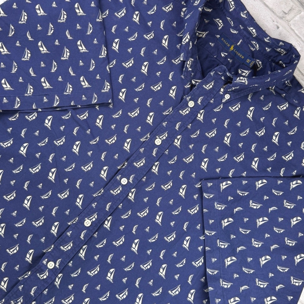 Ralph Lauren Button Down Camp Shirt Mens 2XLT Navy Sailboat AOP Short Sleeve EUC